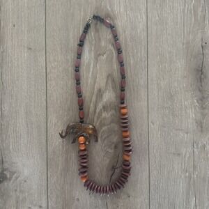 Wooden‎ Beaded Necklace with Hand-Carved Elephant Beads